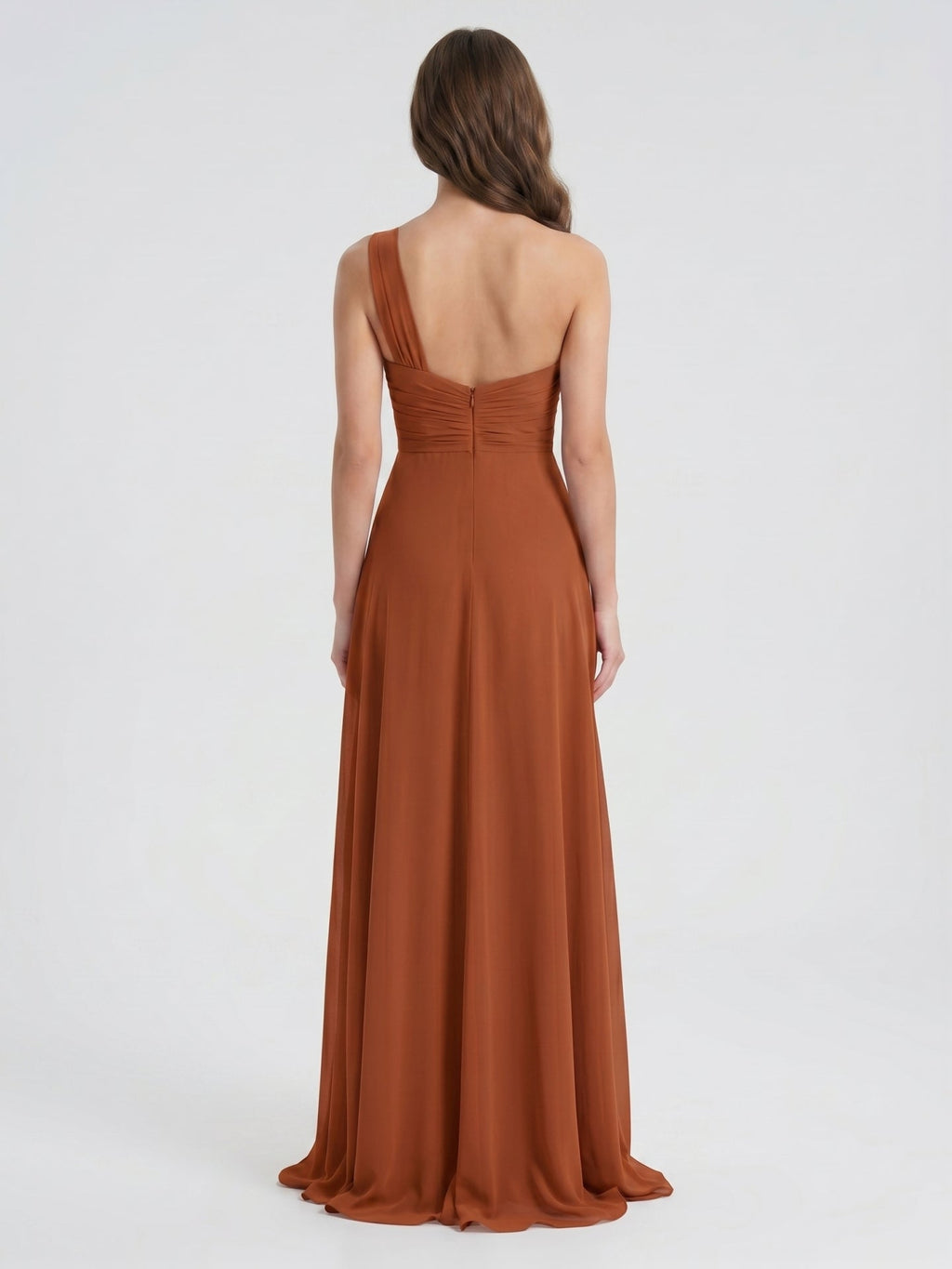 Cinnamon Chiffon A-Line One Shoulder Back Zip Floor-Length Bridesmaid Dress with Ruffles - Curvevia