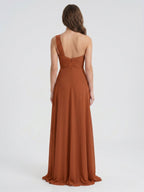 Cinnamon Chiffon A-Line One Shoulder Back Zip Floor-Length Bridesmaid Dress with Ruffles - Curvevia