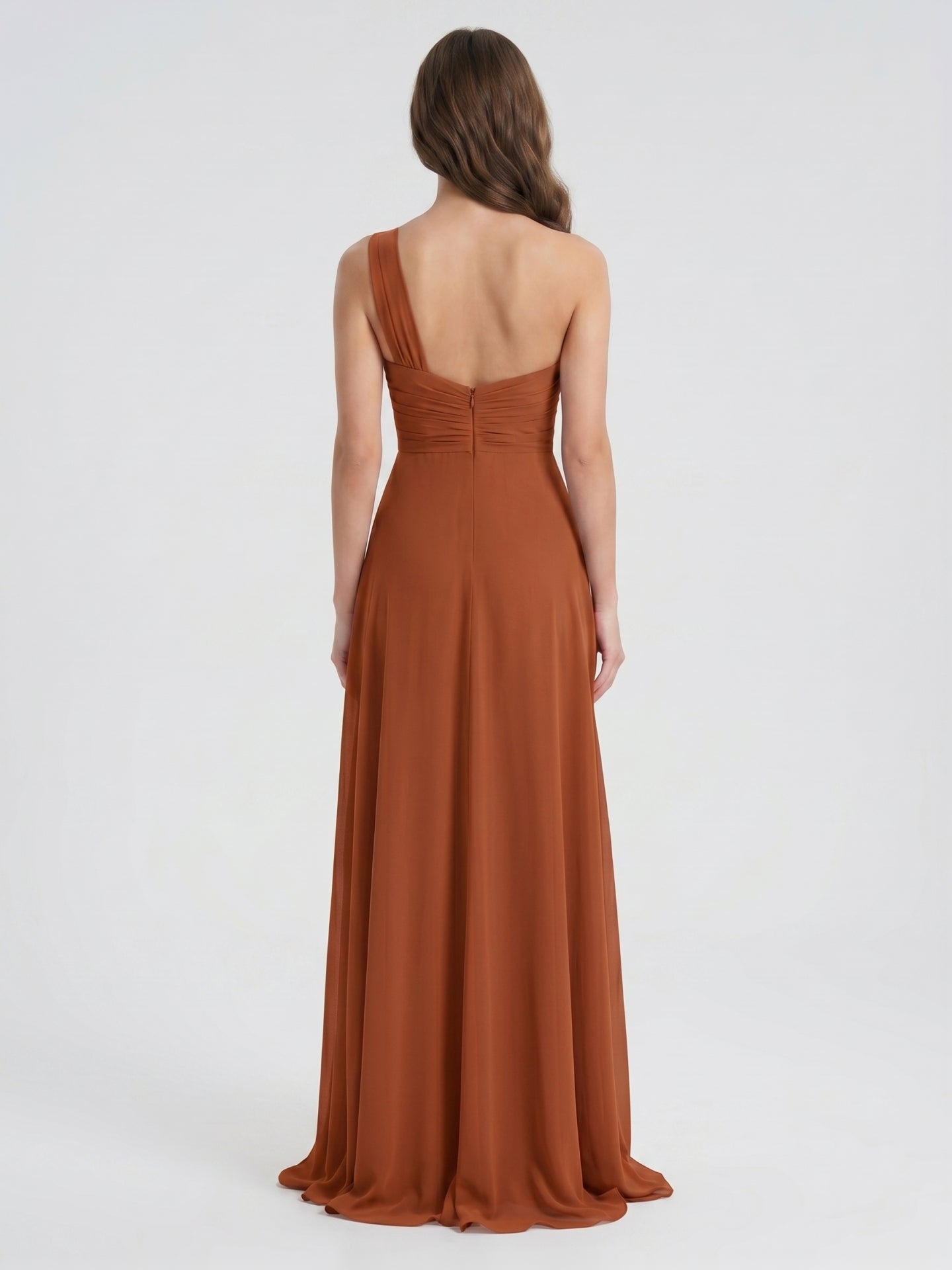 Cinnamon Chiffon A-Line One Shoulder Back Zip Floor-Length Bridesmaid Dress with Ruffles - Curvevia
