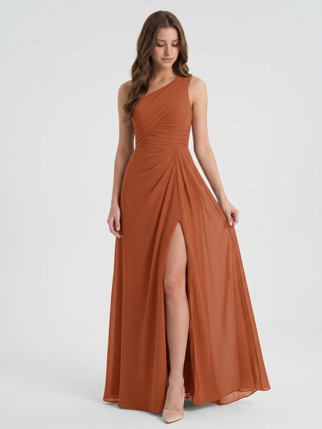 Cinnamon Chiffon A-Line One Shoulder Back Zip Floor-Length Bridesmaid Dress with Ruffles - Curvevia