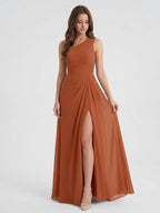 Cinnamon Chiffon A-Line One Shoulder Back Zip Floor-Length Bridesmaid Dress with Ruffles - Curvevia
