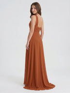 Cinnamon Chiffon A-Line One Shoulder Back Zip Floor-Length Bridesmaid Dress with Ruffles - Curvevia