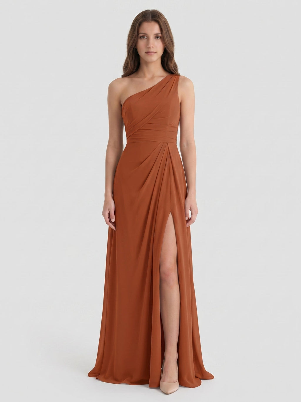Cinnamon Chiffon A-Line One Shoulder Back Zip Floor-Length Bridesmaid Dress with Ruffles - Curvevia