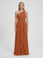 Cinnamon Chiffon A-Line One Shoulder Side Zip Asymmetrical Bridesmaid Dress with Pleats - Curvevia