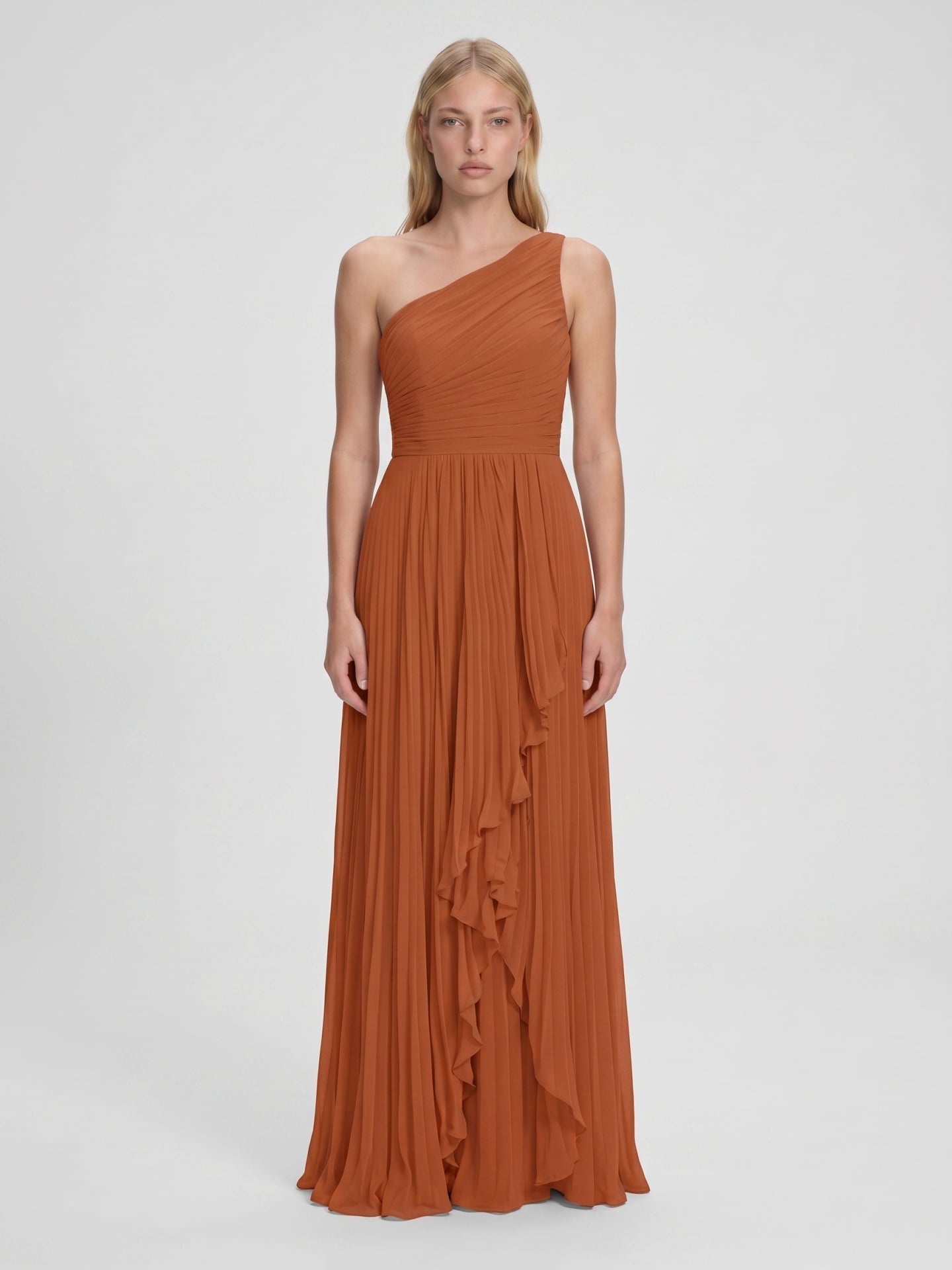 Cinnamon Chiffon A-Line One Shoulder Side Zip Asymmetrical Bridesmaid Dress with Pleats - Curvevia