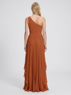 Cinnamon Chiffon A-Line One Shoulder Side Zip Asymmetrical Bridesmaid Dress with Pleats - Curvevia