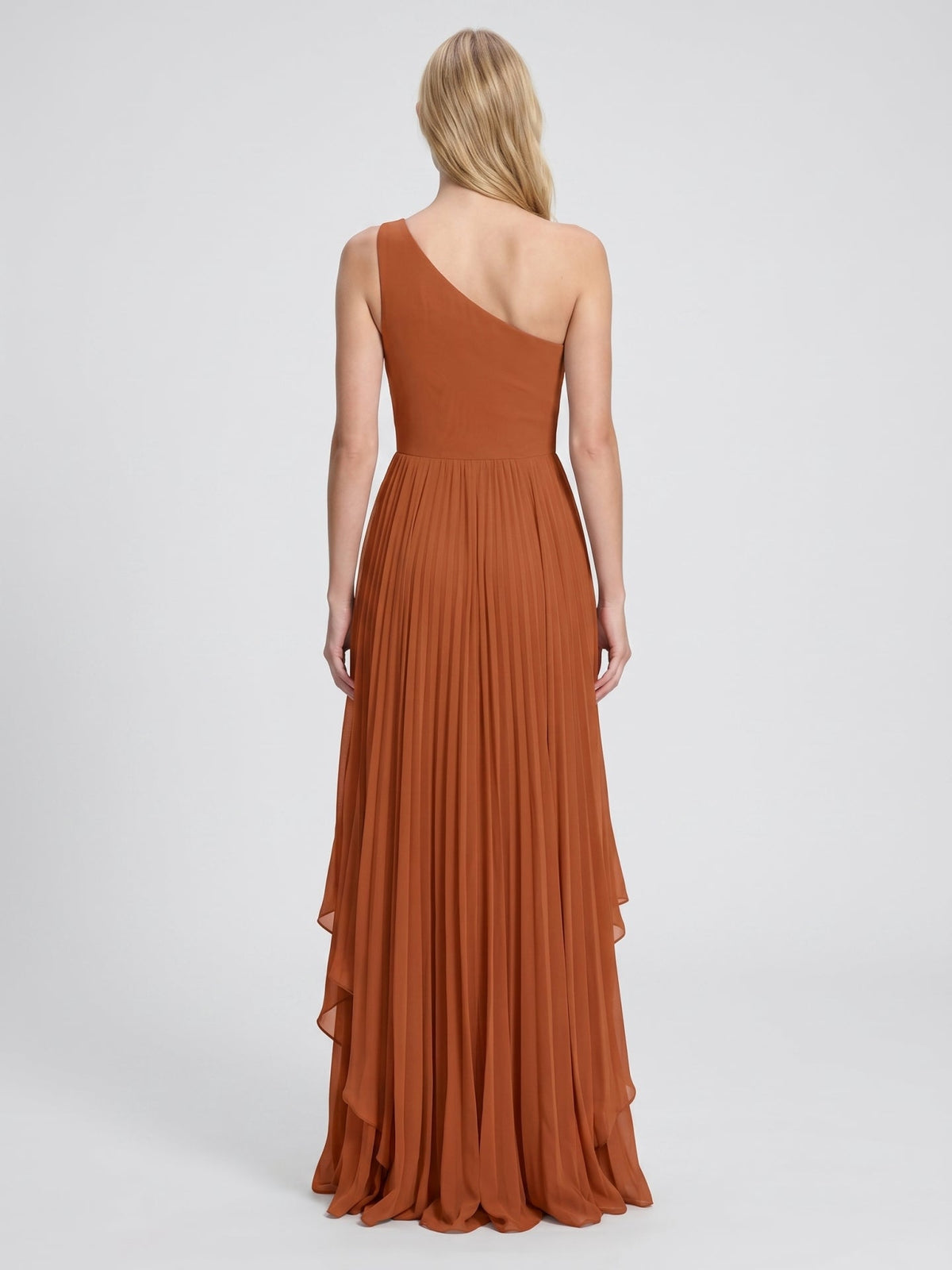 Cinnamon Chiffon A-Line One Shoulder Side Zip Asymmetrical Bridesmaid Dress with Pleats - Curvevia