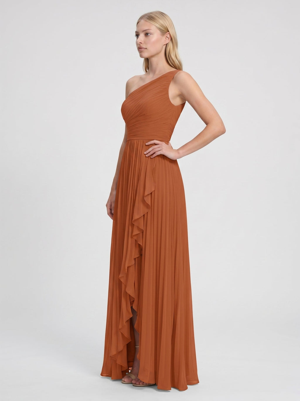 Cinnamon Chiffon A-Line One Shoulder Side Zip Asymmetrical Bridesmaid Dress with Pleats - Curvevia