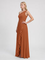 Cinnamon Chiffon A-Line One Shoulder Side Zip Asymmetrical Bridesmaid Dress with Pleats - Curvevia