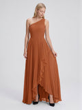Cinnamon Chiffon A-Line One Shoulder Side Zip Asymmetrical Bridesmaid Dress with Pleats - Curvevia