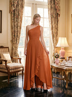 Cinnamon Chiffon A-Line One Shoulder Side Zip Asymmetrical Bridesmaid Dress with Pleats - Curvevia