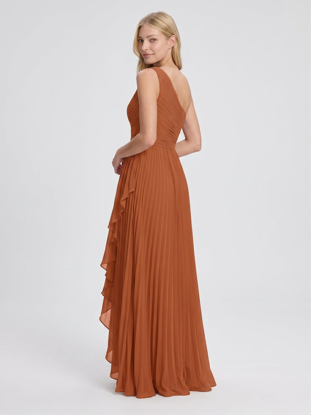 Cinnamon Chiffon A-Line One Shoulder Side Zip Asymmetrical Bridesmaid Dress with Pleats - Curvevia