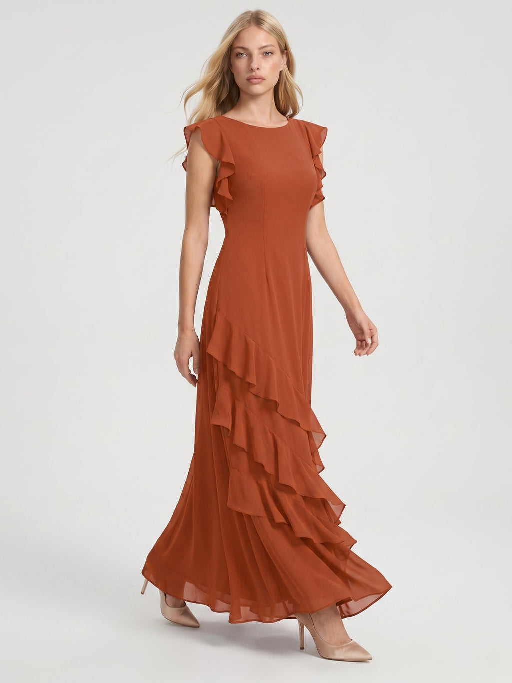 Cinnamon Chiffon A-Line Scoop Neck Back Zip Floor-Length Bridesmaid Dress with Cascading Ruffles - Curvevia