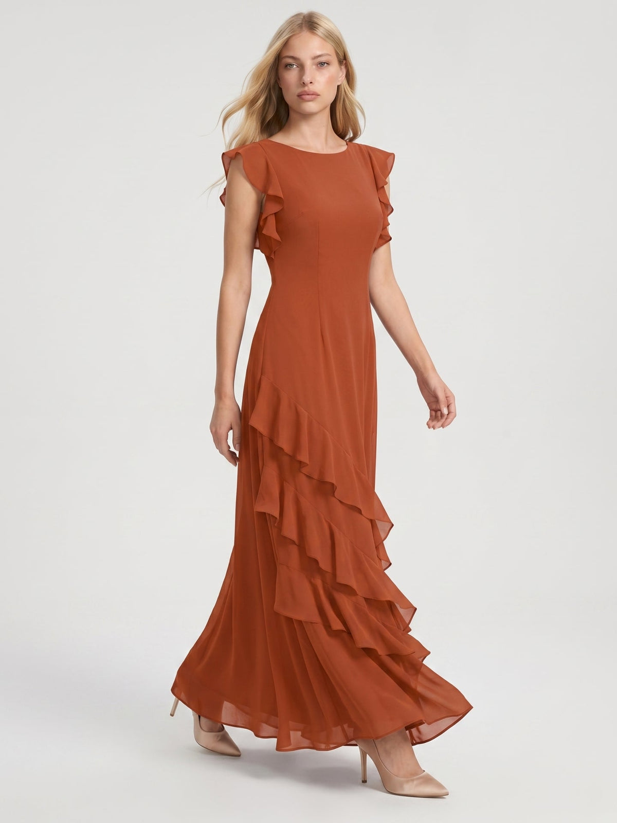Cinnamon Chiffon A-Line Scoop Neck Back Zip Floor-Length Bridesmaid Dress with Cascading Ruffles - Curvevia