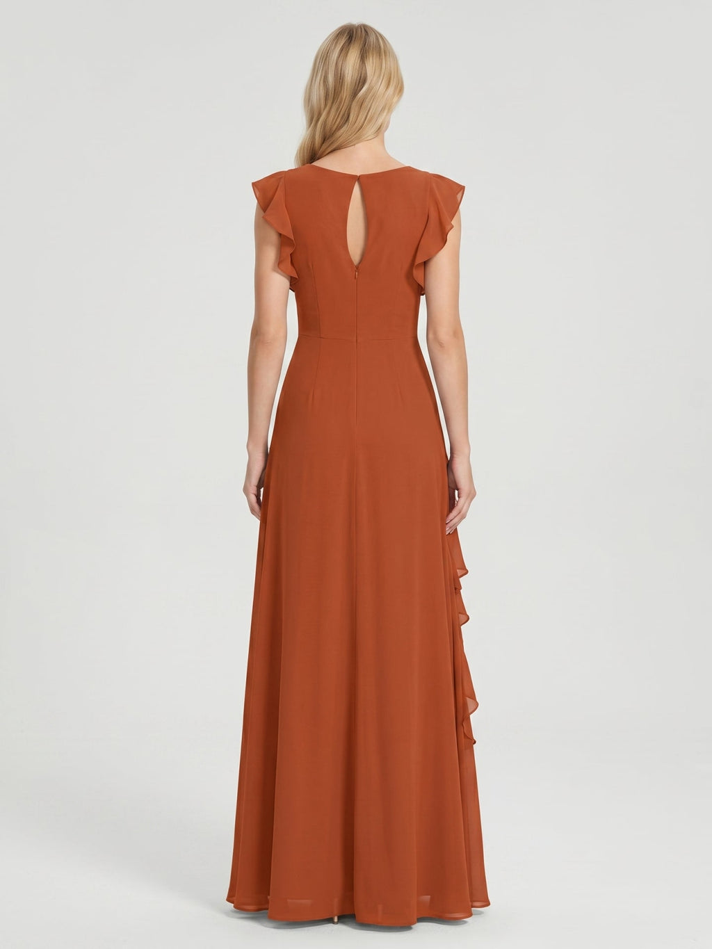 Cinnamon Chiffon A-Line Scoop Neck Back Zip Floor-Length Bridesmaid Dress with Cascading Ruffles - Curvevia