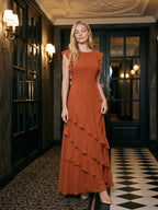 Cinnamon Chiffon A-Line Scoop Neck Back Zip Floor-Length Bridesmaid Dress with Cascading Ruffles - Curvevia