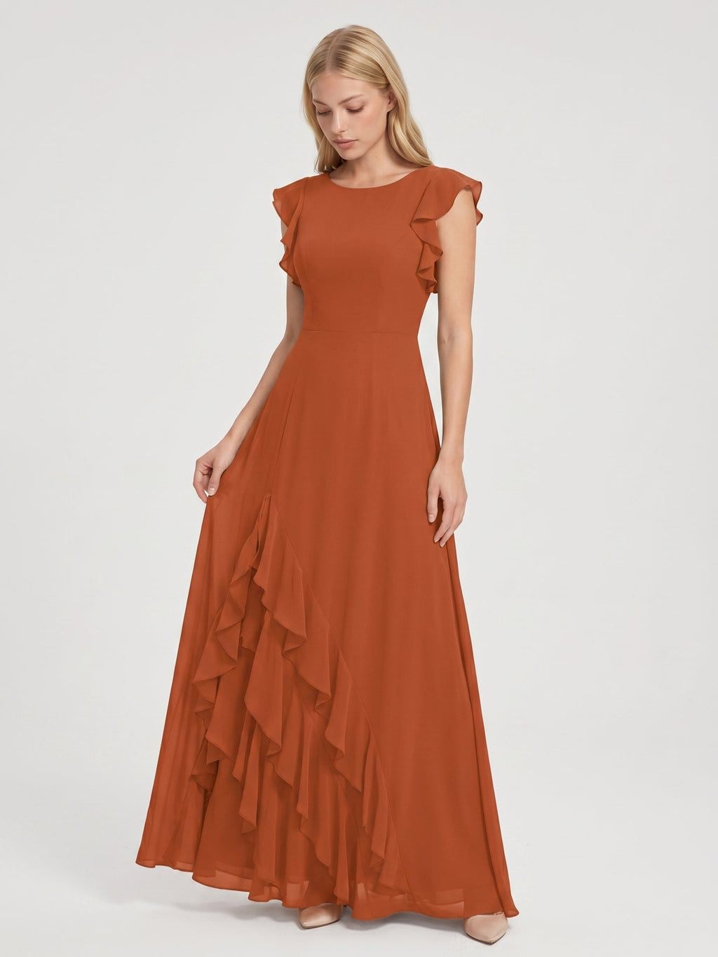 Cinnamon Chiffon A-Line Scoop Neck Back Zip Floor-Length Bridesmaid Dress with Cascading Ruffles - Curvevia