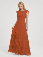 Cinnamon Chiffon A-Line Scoop Neck Back Zip Floor-Length Bridesmaid Dress with Cascading Ruffles - Curvevia