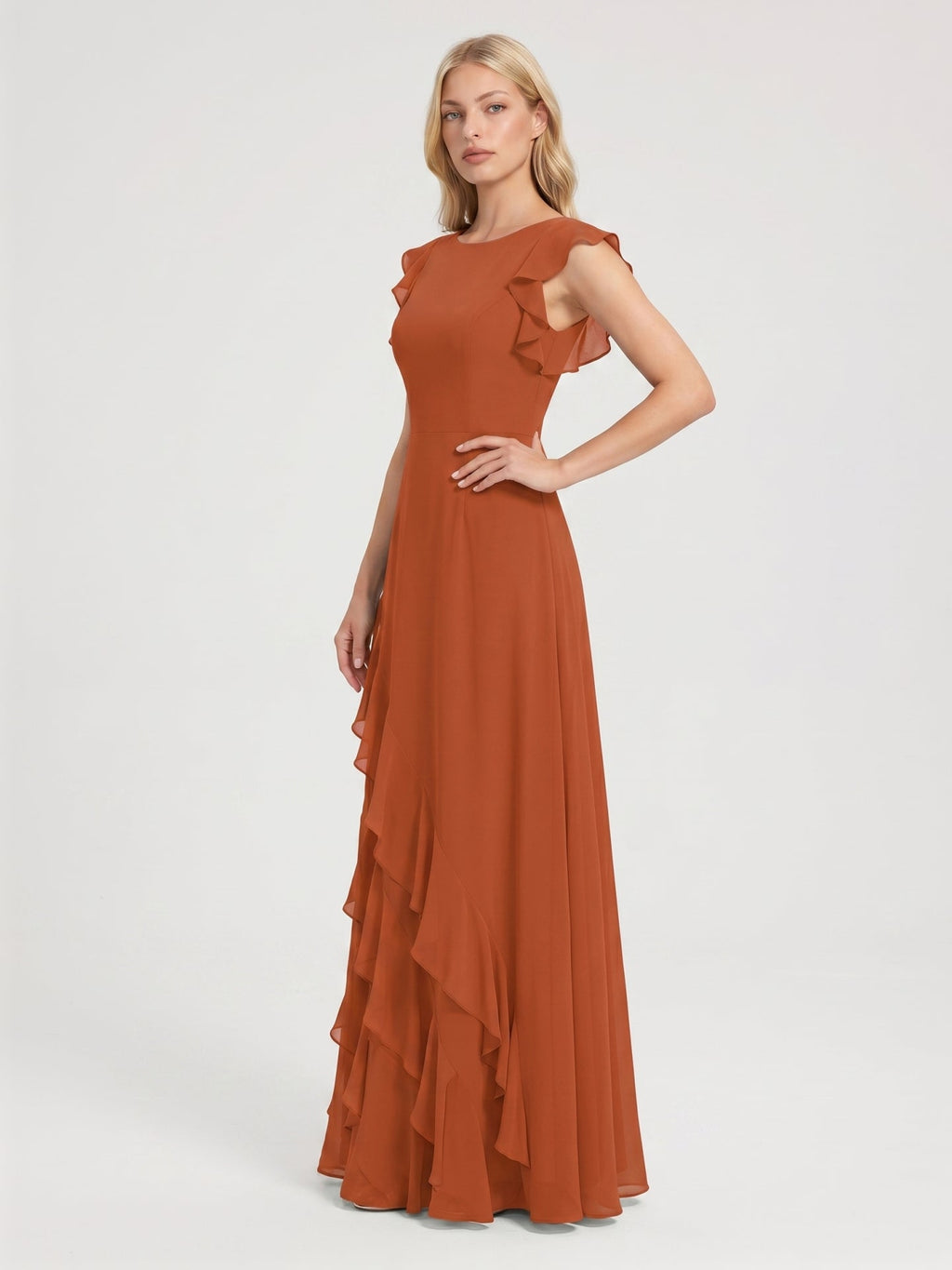 Cinnamon Chiffon A-Line Scoop Neck Back Zip Floor-Length Bridesmaid Dress with Cascading Ruffles - Curvevia