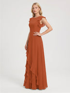 Cinnamon Chiffon A-Line Scoop Neck Back Zip Floor-Length Bridesmaid Dress with Cascading Ruffles - Curvevia