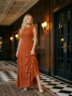 Cinnamon Chiffon A-Line Scoop Neck Back Zip Floor-Length Bridesmaid Dress with Cascading Ruffles - Curvevia