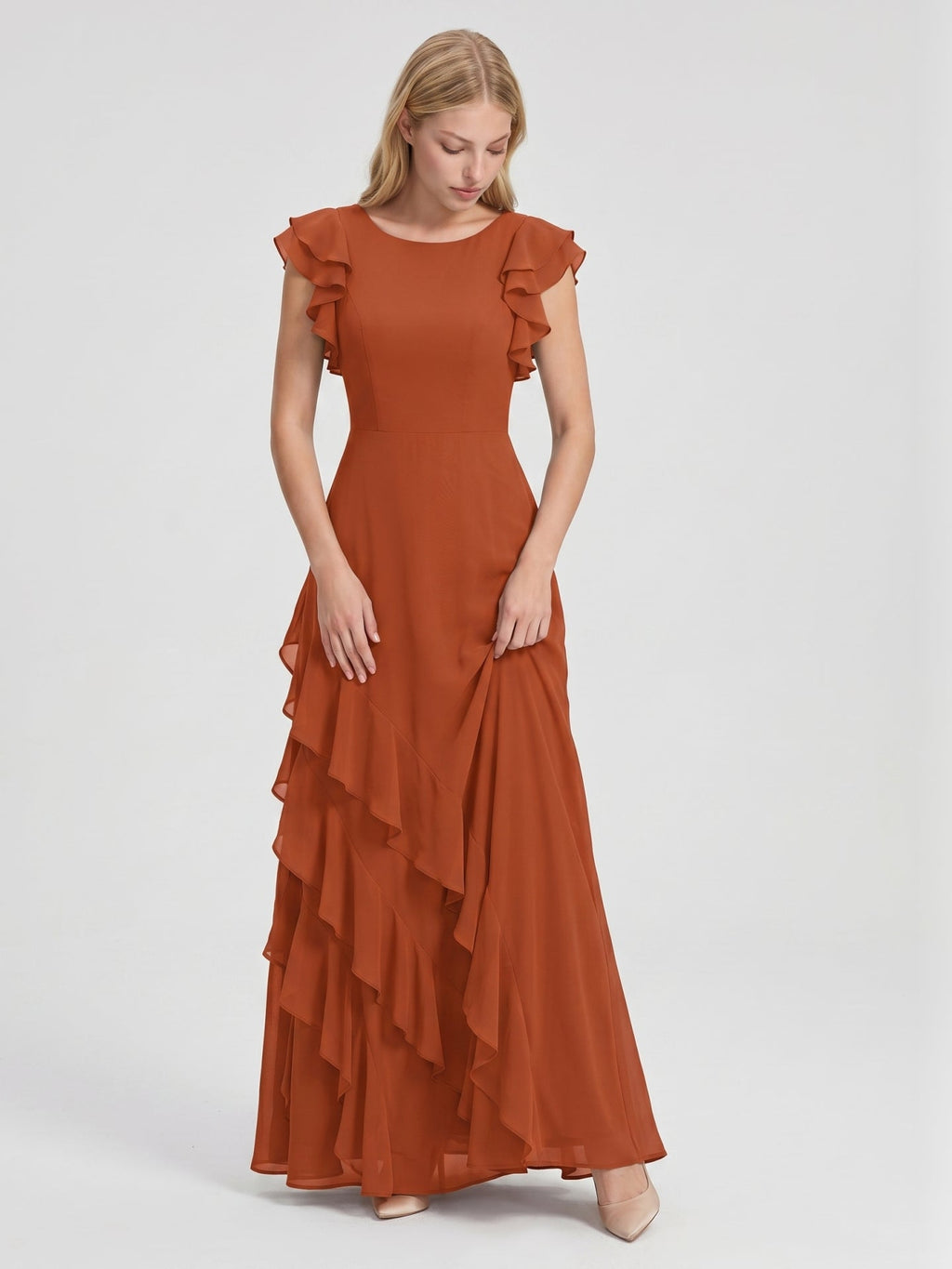 Cinnamon Chiffon A-Line Scoop Neck Back Zip Floor-Length Bridesmaid Dress with Cascading Ruffles - Curvevia