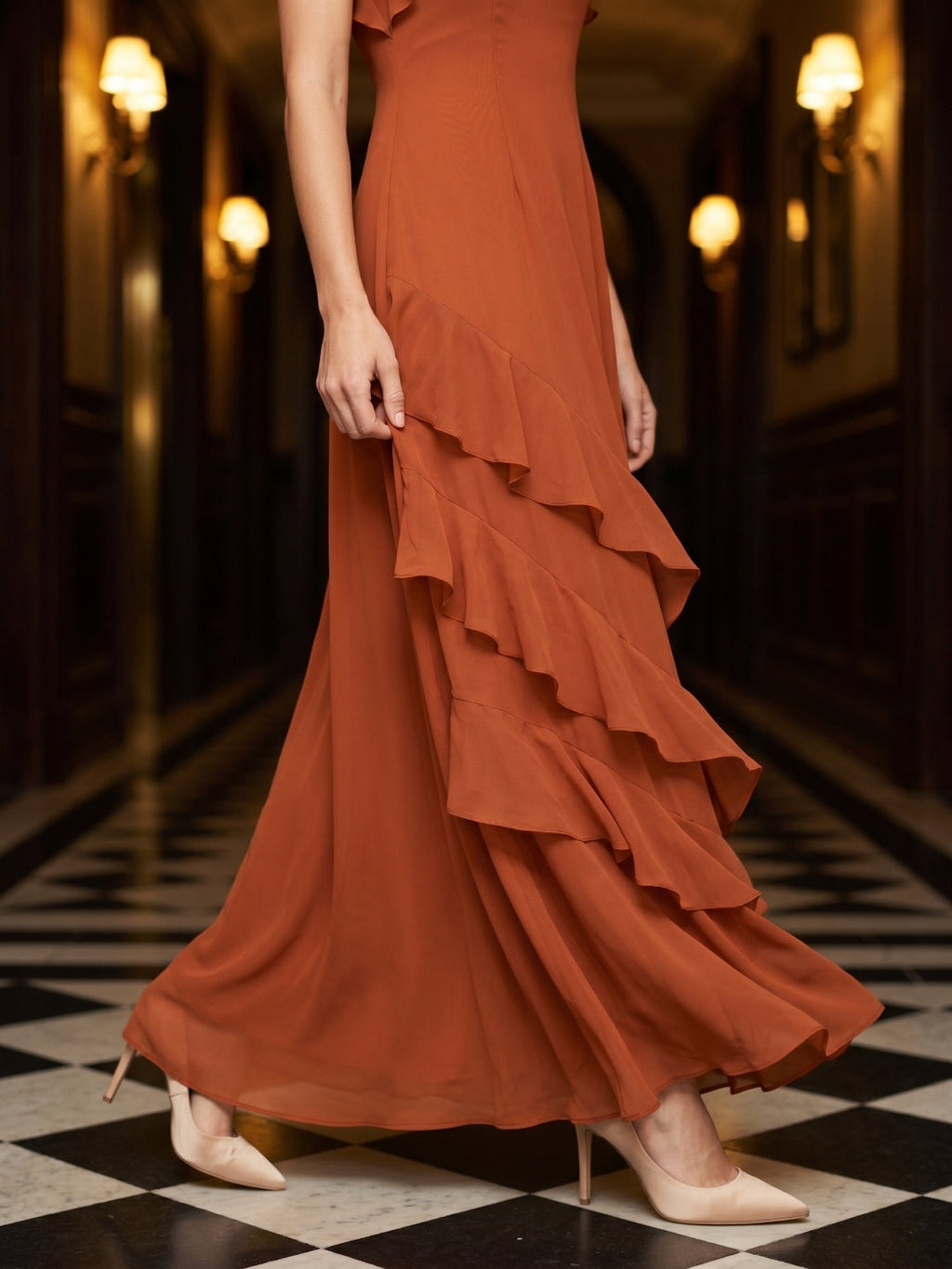 Cinnamon Chiffon A-Line Scoop Neck Back Zip Floor-Length Bridesmaid Dress with Cascading Ruffles - Curvevia