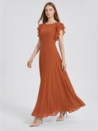Cinnamon Chiffon A-Line Scoop Neck Back Zip Floor-Length Bridesmaid Dress with Ruffles - Curvevia