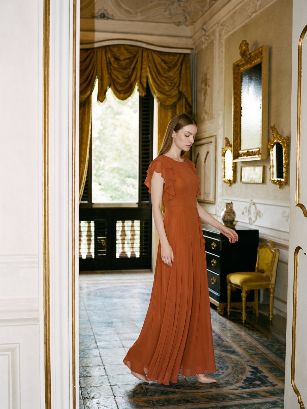 Cinnamon Chiffon A-Line Scoop Neck Back Zip Floor-Length Bridesmaid Dress with Ruffles - Curvevia