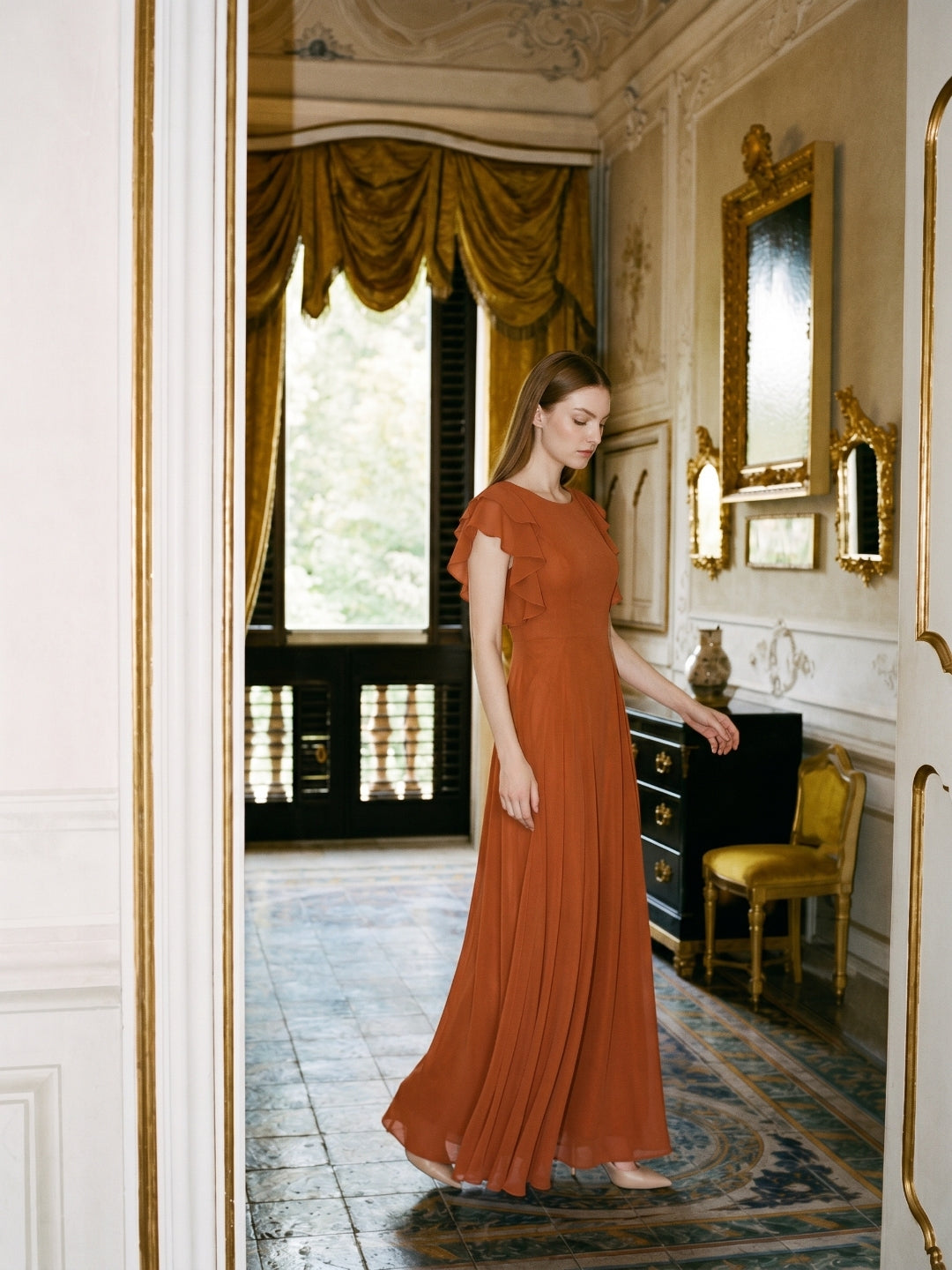 Cinnamon Chiffon A-Line Scoop Neck Back Zip Floor-Length Bridesmaid Dress with Ruffles - Curvevia