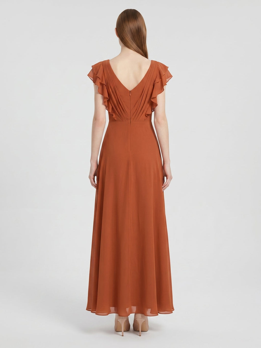 Cinnamon Chiffon A-Line Scoop Neck Back Zip Floor-Length Bridesmaid Dress with Ruffles - Curvevia