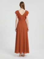 Cinnamon Chiffon A-Line Scoop Neck Back Zip Floor-Length Bridesmaid Dress with Ruffles - Curvevia
