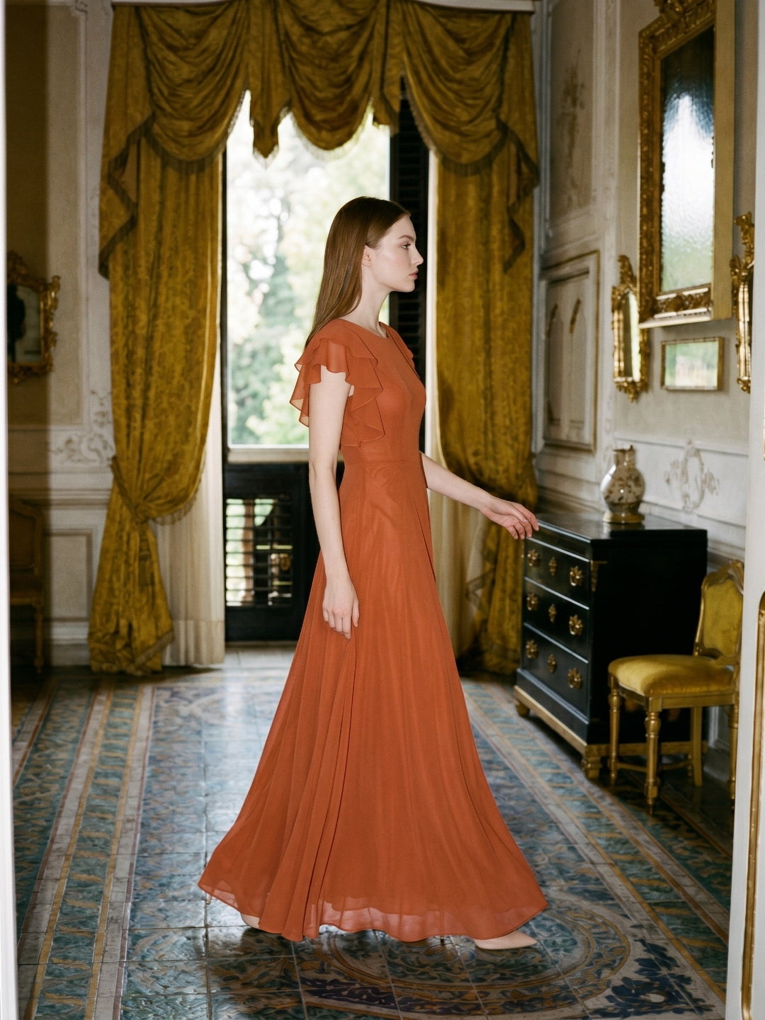 Cinnamon Chiffon A-Line Scoop Neck Back Zip Floor-Length Bridesmaid Dress with Ruffles - Curvevia