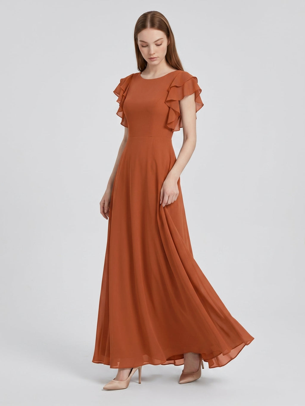 Cinnamon Chiffon A-Line Scoop Neck Back Zip Floor-Length Bridesmaid Dress with Ruffles - Curvevia