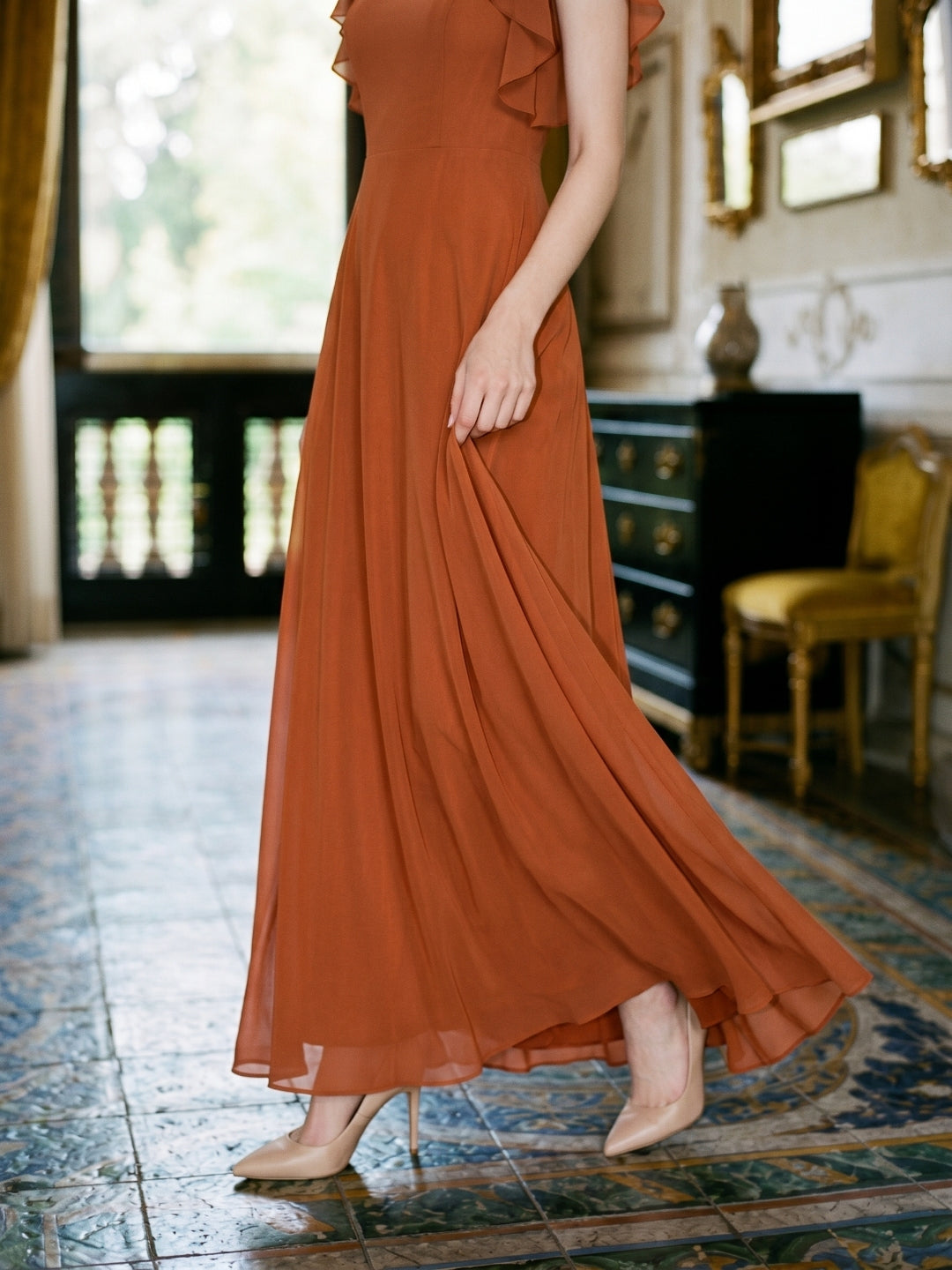 Cinnamon Chiffon A-Line Scoop Neck Back Zip Floor-Length Bridesmaid Dress with Ruffles - Curvevia