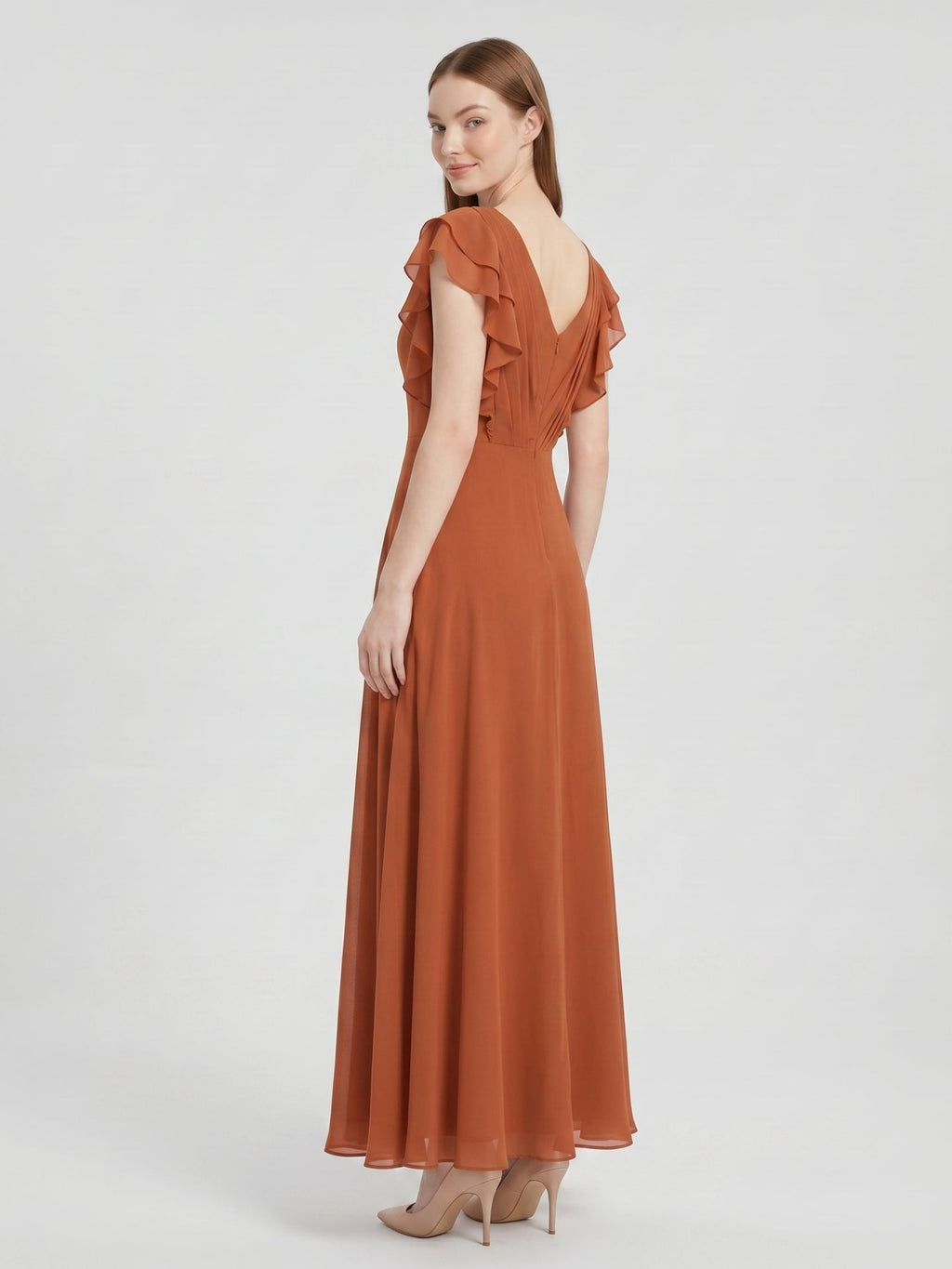 Cinnamon Chiffon A-Line Scoop Neck Back Zip Floor-Length Bridesmaid Dress with Ruffles - Curvevia