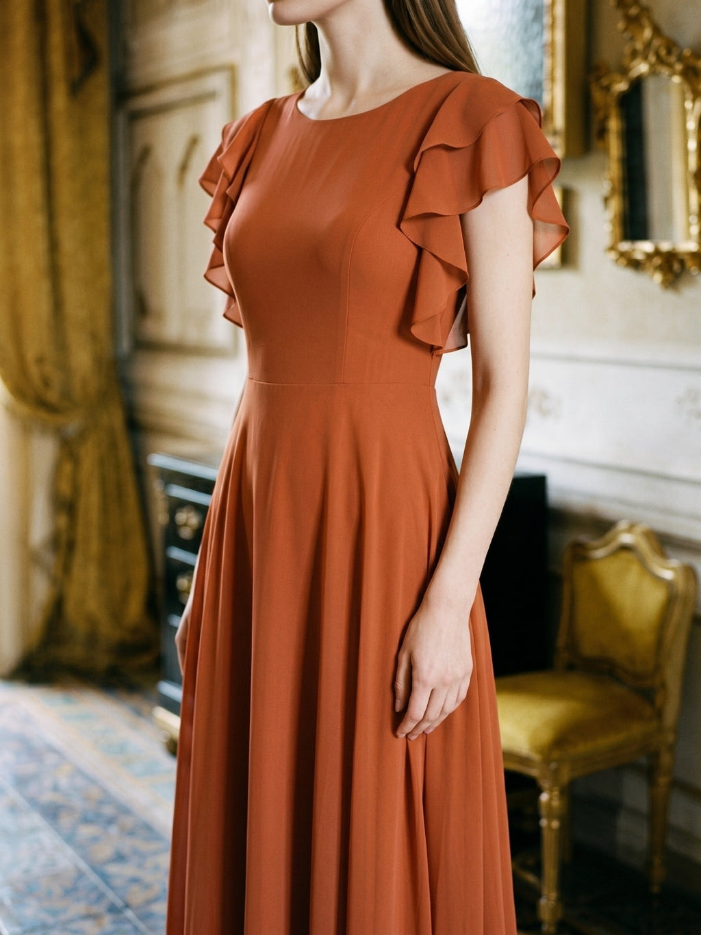 Cinnamon Chiffon A-Line Scoop Neck Back Zip Floor-Length Bridesmaid Dress with Ruffles - Curvevia