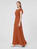 Cinnamon Chiffon A-Line Scoop Neck Back Zip Floor-Length Bridesmaid Dress with Ruffles - Curvevia
