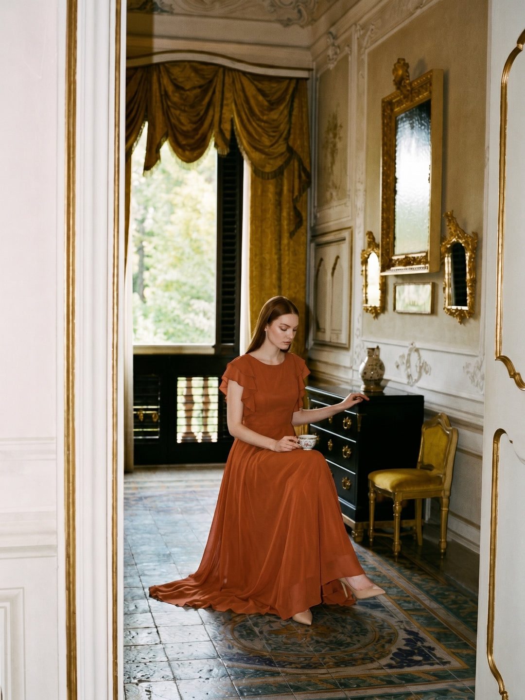 Cinnamon Chiffon A-Line Scoop Neck Back Zip Floor-Length Bridesmaid Dress with Ruffles - Curvevia