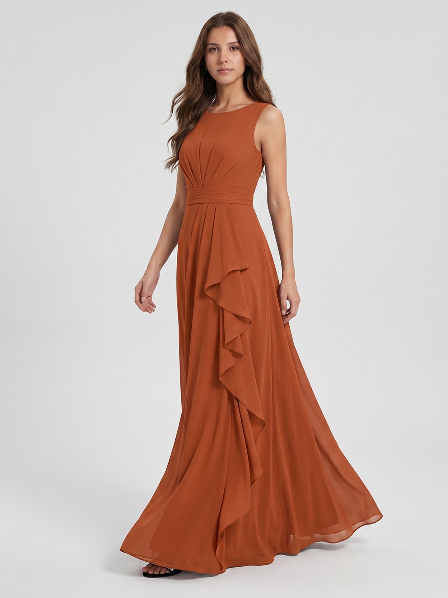 Cinnamon Chiffon A-Line Scoop Neck Floor-Length Bridesmaid Dress with Ruffled Details - Curvevia