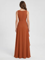 Cinnamon Chiffon A-Line Scoop Neck Floor-Length Bridesmaid Dress with Ruffled Details - Curvevia