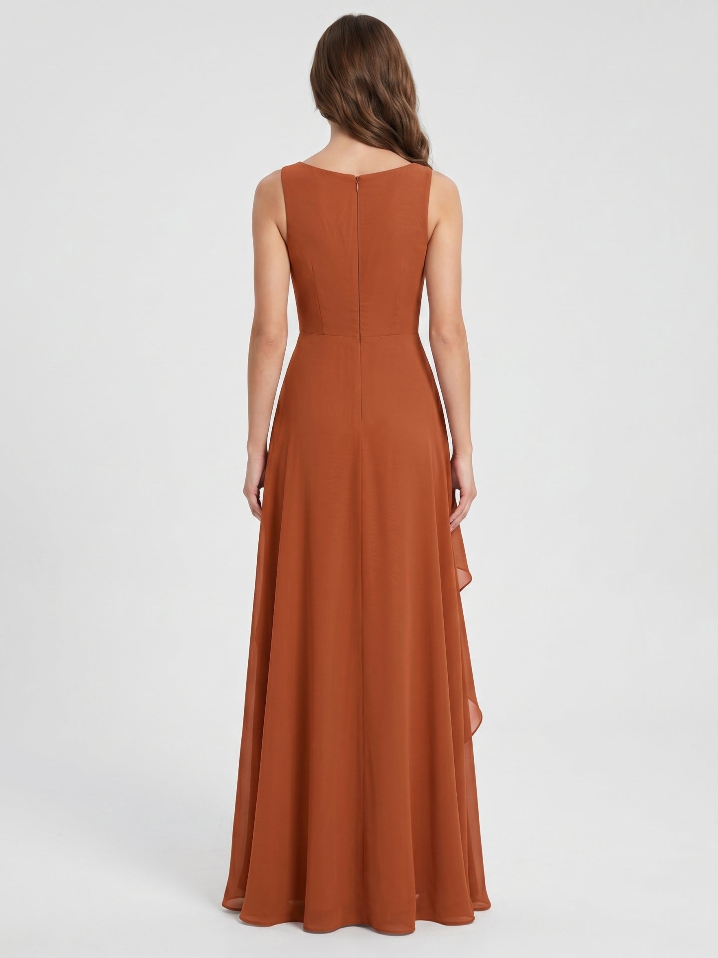 Cinnamon Chiffon A-Line Scoop Neck Floor-Length Bridesmaid Dress with Ruffled Details - Curvevia