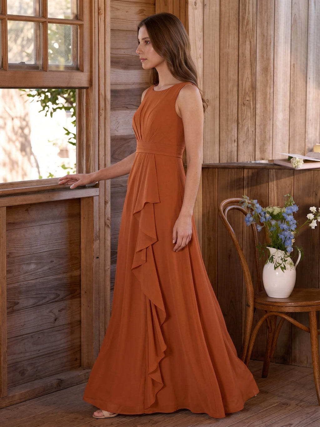 Cinnamon Chiffon A-Line Scoop Neck Floor-Length Bridesmaid Dress with Ruffled Details - Curvevia