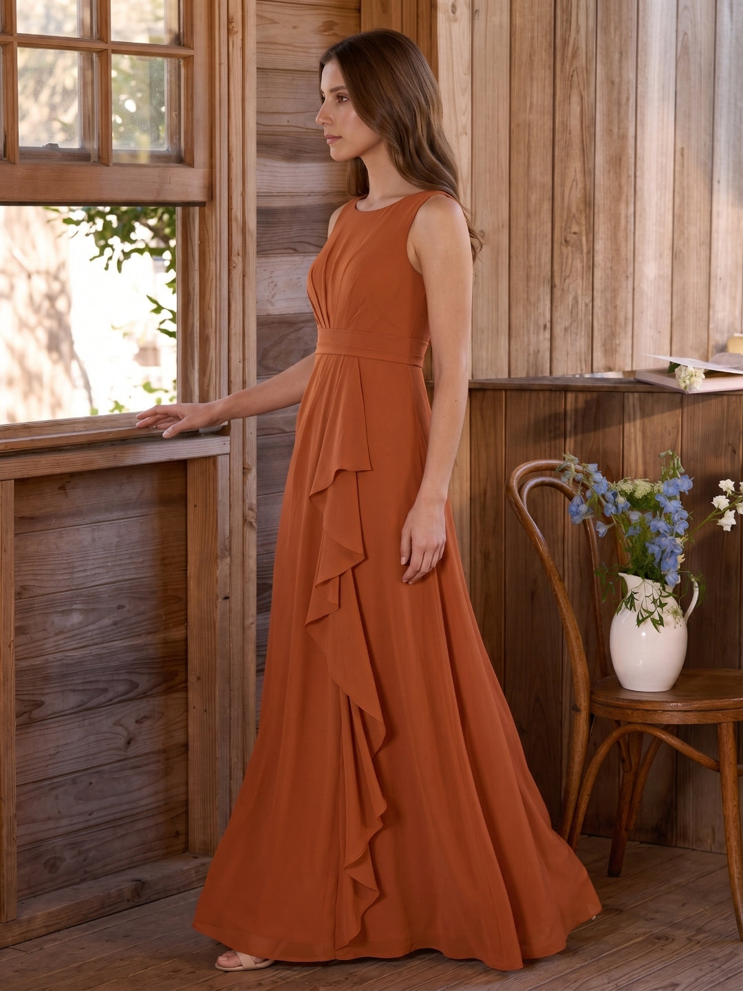 Cinnamon Chiffon A-Line Scoop Neck Floor-Length Bridesmaid Dress with Ruffled Details - Curvevia