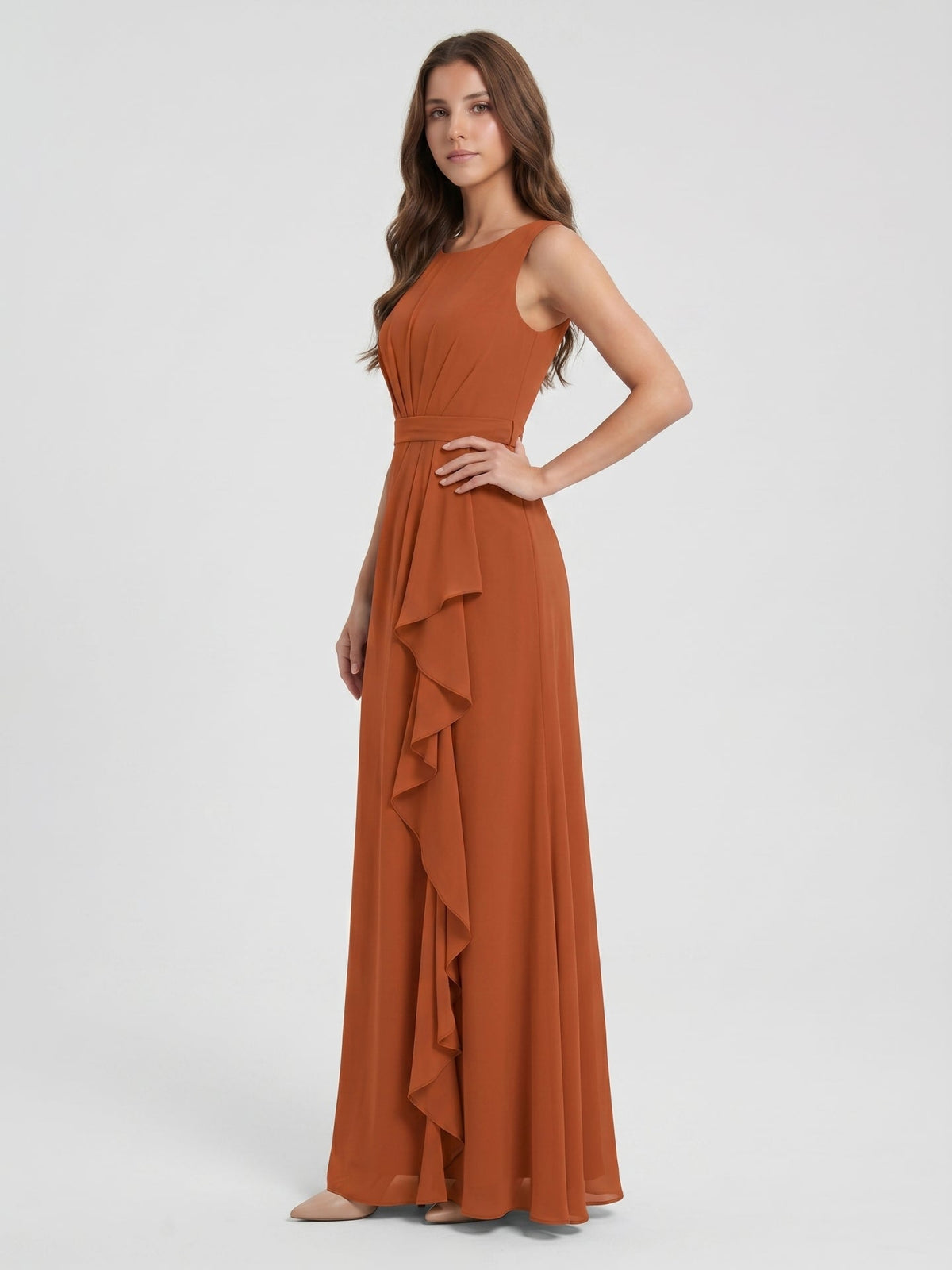 Cinnamon Chiffon A-Line Scoop Neck Floor-Length Bridesmaid Dress with Ruffled Details - Curvevia