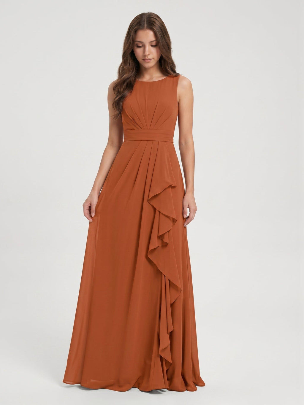 Cinnamon Chiffon A-Line Scoop Neck Floor-Length Bridesmaid Dress with Ruffled Details - Curvevia