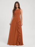 Cinnamon Chiffon A-Line Scoop Neck Floor-Length Bridesmaid Dress with Ruffled Details - Curvevia