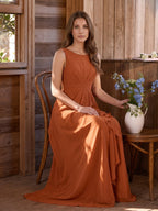 Cinnamon Chiffon A-Line Scoop Neck Floor-Length Bridesmaid Dress with Ruffled Details - Curvevia