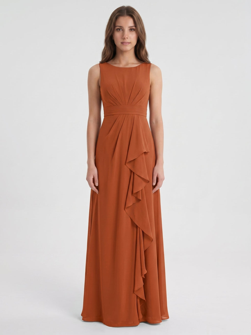 Cinnamon Chiffon A-Line Scoop Neck Floor-Length Bridesmaid Dress with Ruffled Details - Curvevia