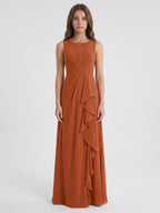 Cinnamon Chiffon A-Line Scoop Neck Floor-Length Bridesmaid Dress with Ruffled Details - Curvevia